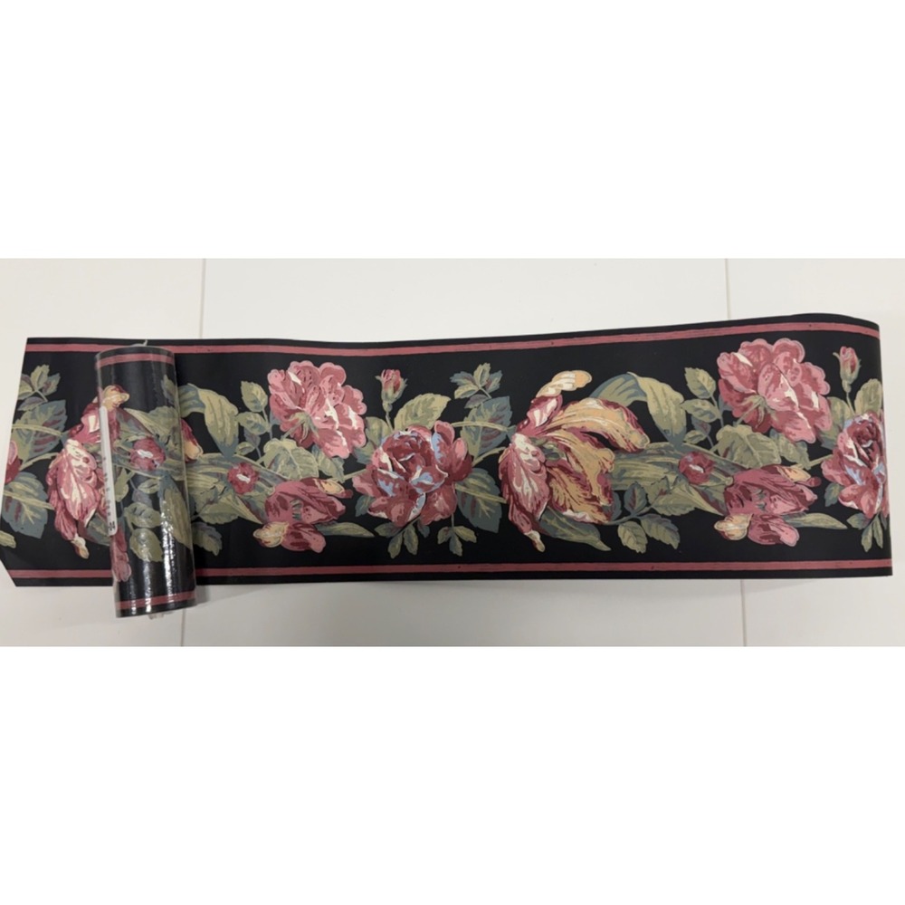 York Vtg Black FLORAL Pre Pasted Wallpaper BORDER 1 roll plus 69"